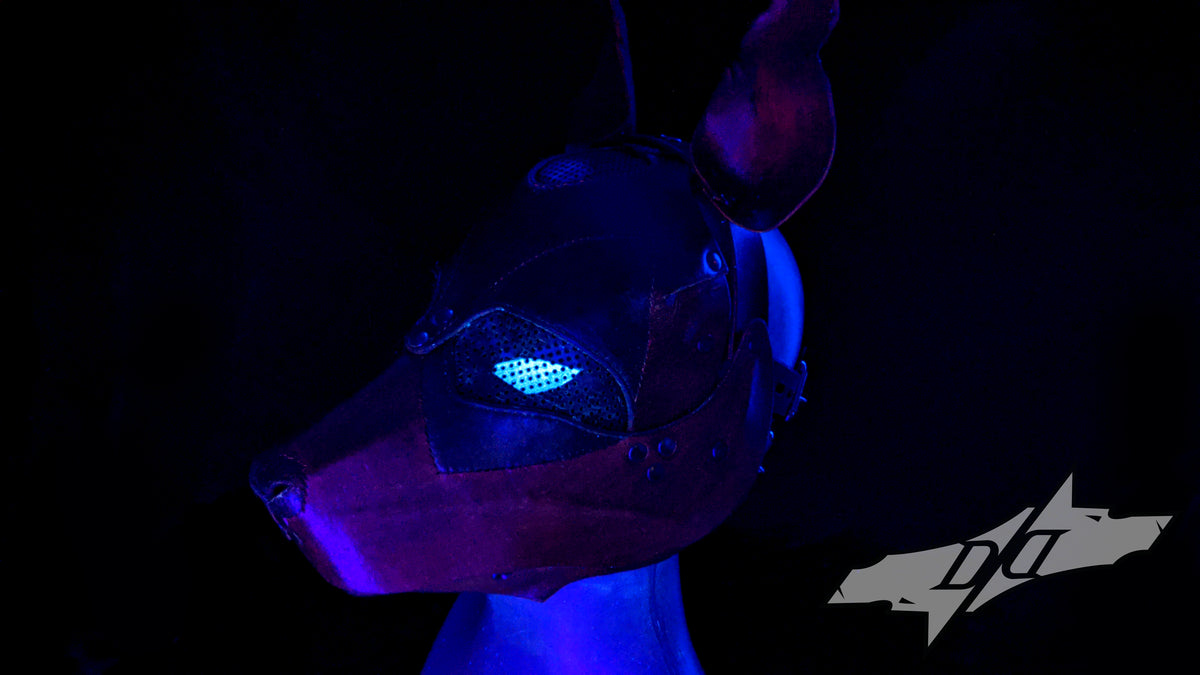 deadpup hood made by the dapper doberman glow in the dark and black light sensitive eyes hand made premium leather